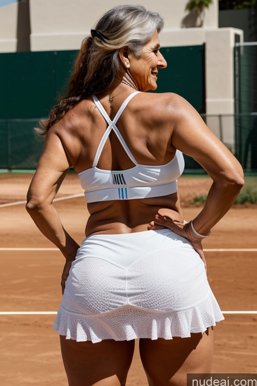 ai nude image of arafed woman in white skirt standing on tennis court with racket pics of Busty Big Ass 70s Long Hair Indian Tennis Cleavage Milf Bright Lighting Detailed Back View