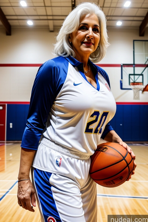 ai nude image of arafed woman in a blue and white uniform holding a basketball pics of Busty Big Ass 70s Long Hair Indian Cleavage Milf Detailed White Hair Basketball