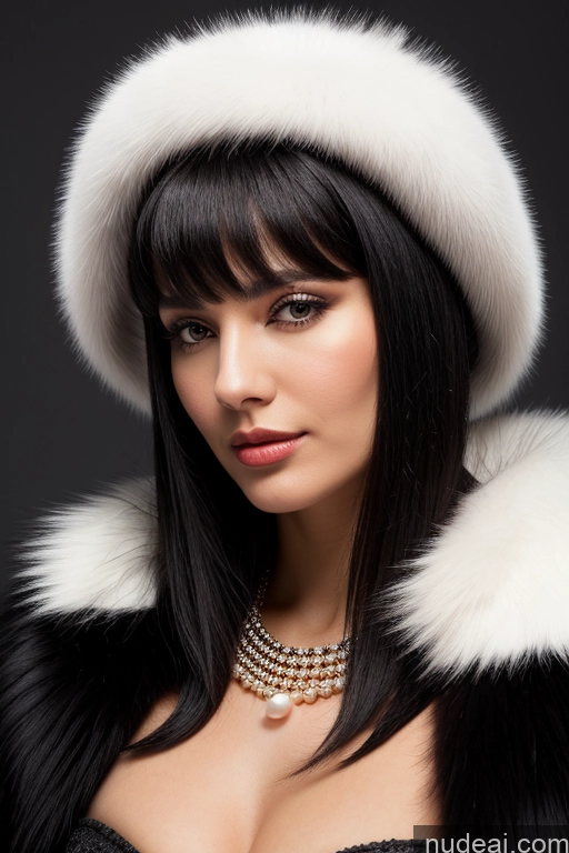 ai nude image of arafed woman in a fur coat and a necklace with pearls pics of Black Hair Bangs Fur Gloves Pearl Jewelry Russian Handjob