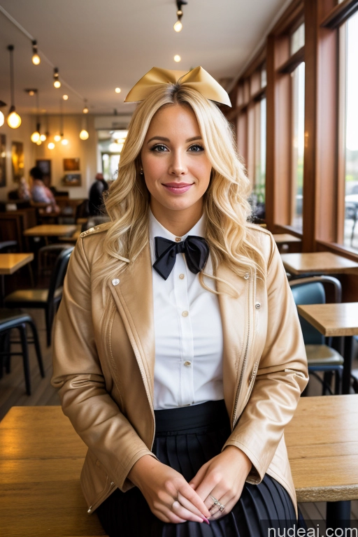 ai nude image of blonde woman in a tan jacket and black skirt sitting at a table pics of Woman 30s Blonde Cafe Jacket Long Skirt Jewelry Bows Tie