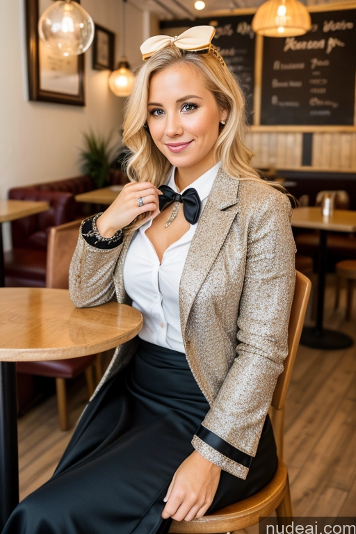 ai nude image of blonde woman sitting at a table in a restaurant wearing a bow tie pics of Woman 30s Blonde Cafe Jacket Long Skirt Jewelry Bows Tie