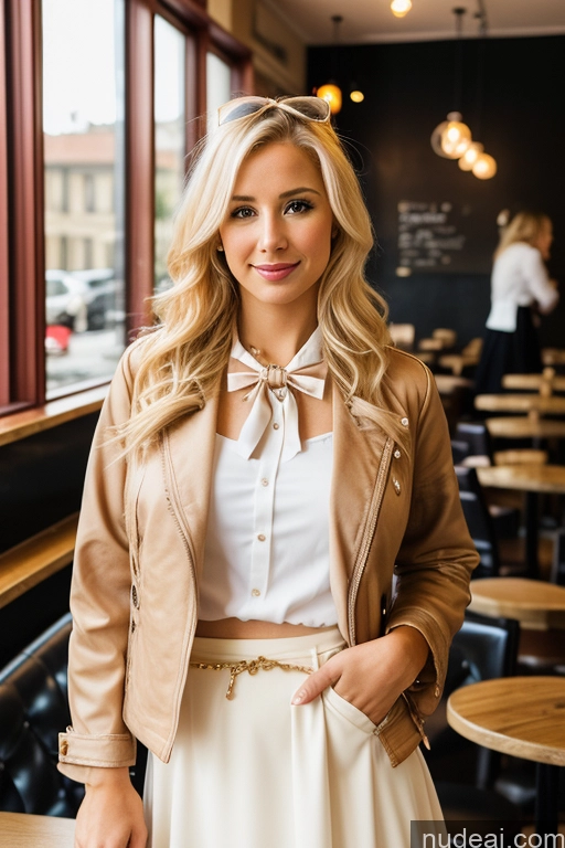 ai nude image of blond woman in a white skirt and tan jacket standing in a restaurant pics of Woman 30s Blonde Cafe Jacket Long Skirt Jewelry Bows Tie