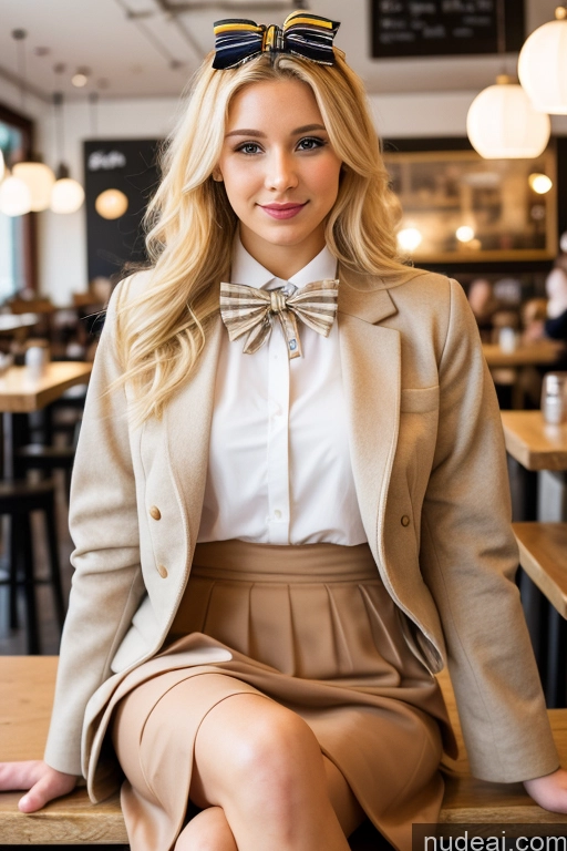 ai nude image of blonde woman sitting on a table in a restaurant wearing a bow tie pics of Woman Blonde Cafe Jacket Long Skirt Jewelry Bows Tie 20s