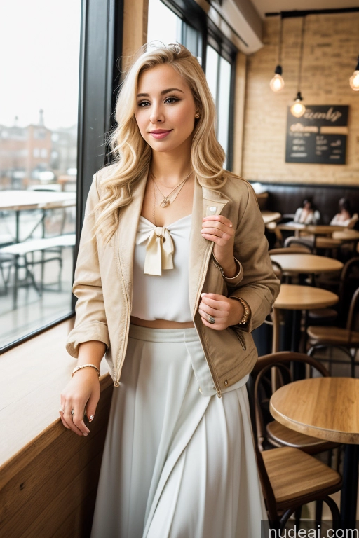 ai nude image of blonde woman in a white dress and jacket standing in a restaurant pics of Woman Blonde Cafe Jacket Long Skirt Jewelry Bows Tie 20s