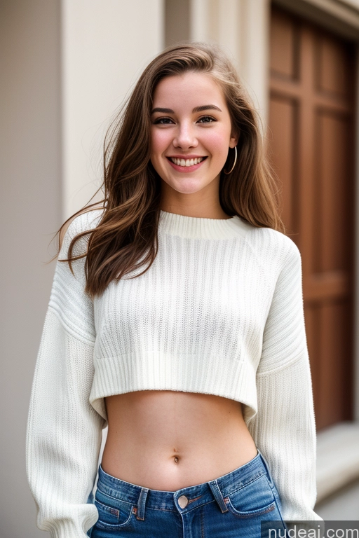 related ai porn images free for Sorority One Fairer Skin 18 Happy Brunette Straight White Film Photo Front View Jeans Sweater Crop Top