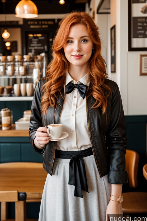 ai nude image of woman with red hair and a black jacket holding a cup of coffee pics of Woman Cafe Jacket Long Skirt Jewelry Bows Tie 20s Ginger