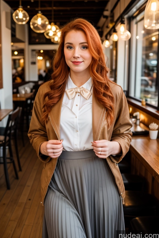 ai nude image of arafed woman in a skirt and jacket standing in a restaurant pics of Woman Cafe Jacket Long Skirt Jewelry Bows Tie 20s Ginger