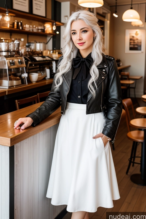 ai nude image of blond woman in a white skirt and black jacket standing at a bar pics of Woman Cafe Jacket Long Skirt Jewelry Bows Tie 20s White Hair