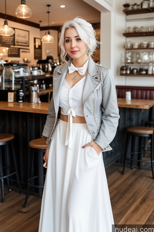 ai nude image of blond woman in white dress and leather jacket standing in a restaurant pics of Woman Cafe Jacket Long Skirt Jewelry Bows Tie 20s White Hair