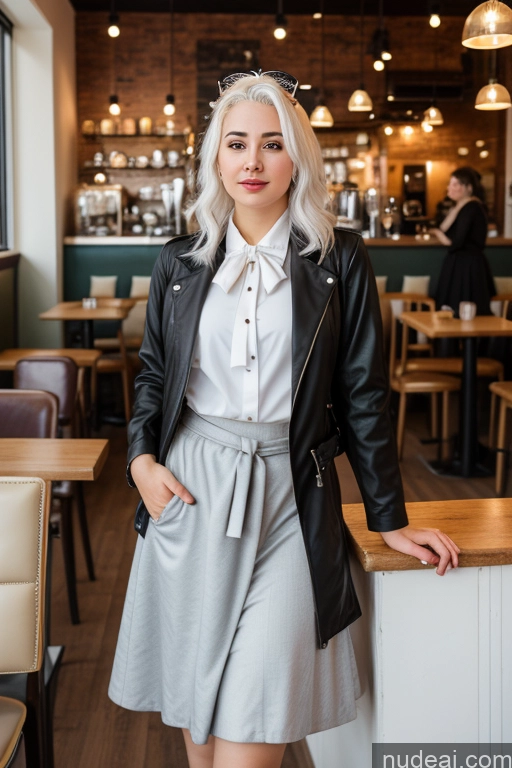 ai nude image of blond woman in a white shirt and black jacket standing in a restaurant pics of Woman Cafe Jacket Long Skirt Jewelry Bows Tie 20s White Hair