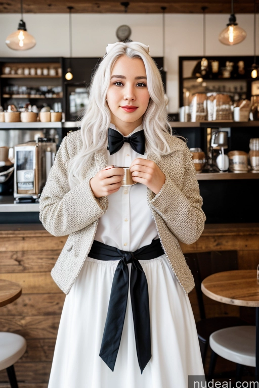 ai nude image of woman in white dress and black bow tie standing in front of a counter pics of Woman Cafe Jacket Long Skirt Jewelry Bows Tie 20s White Hair