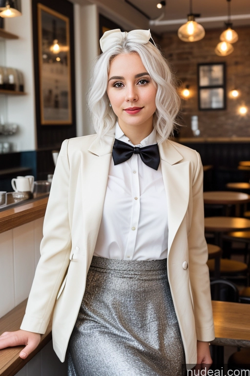 ai nude image of blond woman in a white shirt and a silver skirt posing for a picture pics of Woman Cafe Jacket Long Skirt Jewelry Bows Tie 20s White Hair