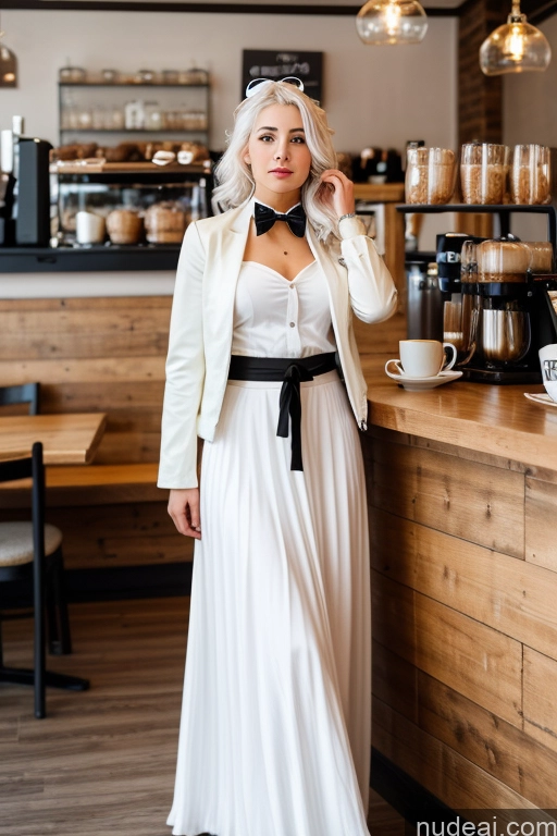 ai nude image of woman in white dress and black bow tie standing in front of counter pics of Woman Cafe Jacket Long Skirt Jewelry Bows Tie 20s White Hair