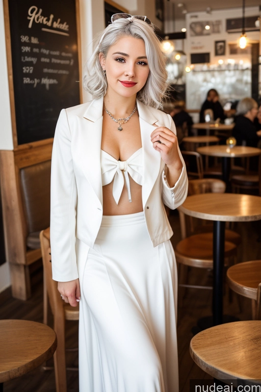 ai nude image of there is a woman in a white dress and jacket posing for a picture pics of Woman Cafe Jacket Long Skirt Jewelry Bows Tie 20s White Hair