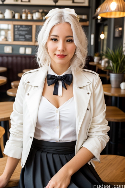 ai nude image of blond woman in a white jacket and black skirt sitting at a table pics of Woman Cafe Jacket Long Skirt Jewelry Bows Tie 20s White Hair