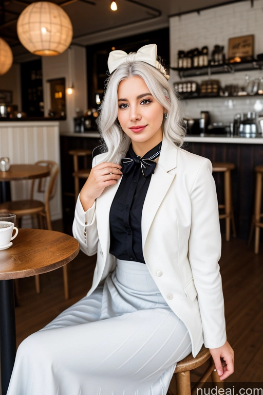 ai nude image of blond woman in white suit and black shirt sitting at a table pics of Woman Cafe Jacket Long Skirt Jewelry Bows Tie 20s White Hair