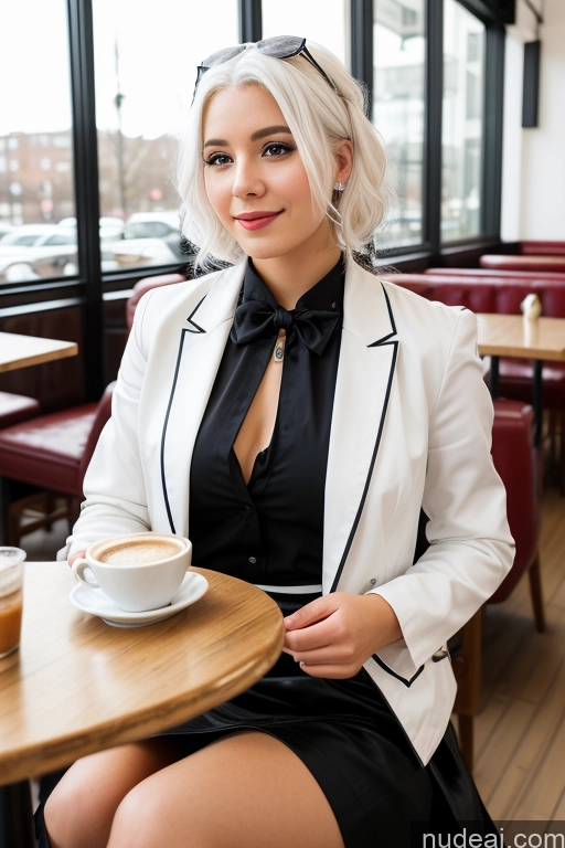 ai nude image of blond woman sitting at a table with a cup of coffee pics of Woman Cafe Jacket Long Skirt Jewelry Bows Tie 20s White Hair