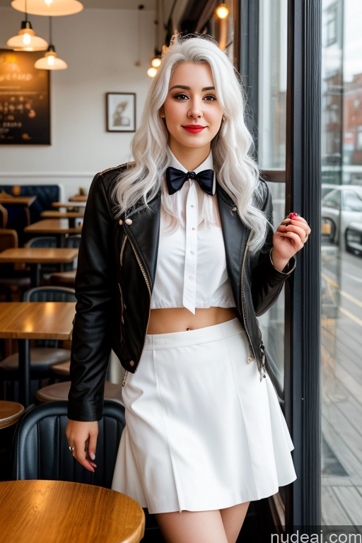 ai nude image of blond woman in a white skirt and black jacket posing for a picture pics of Woman Cafe Jacket Long Skirt Jewelry Bows Tie 20s White Hair