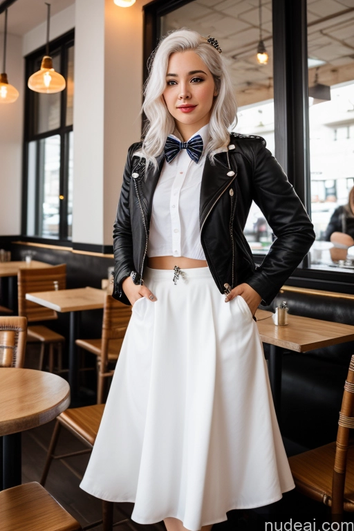 ai nude image of blond woman in a white skirt and black jacket standing in a restaurant pics of Woman Cafe Jacket Long Skirt Jewelry Bows Tie 20s White Hair