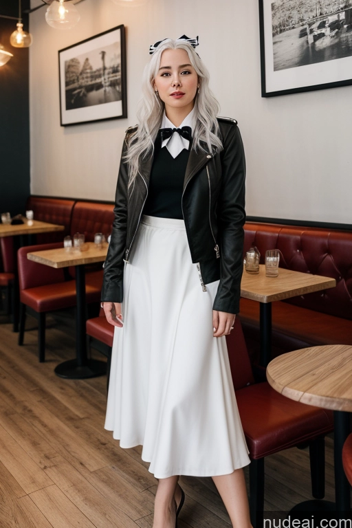 ai nude image of blond woman in a black and white outfit standing in a restaurant pics of Woman Cafe Jacket Long Skirt Jewelry Bows Tie 20s White Hair