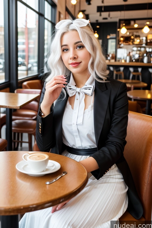 ai nude image of blond woman sitting at a table with a cup of coffee pics of Woman Cafe Jacket Long Skirt Jewelry Bows Tie 20s White Hair