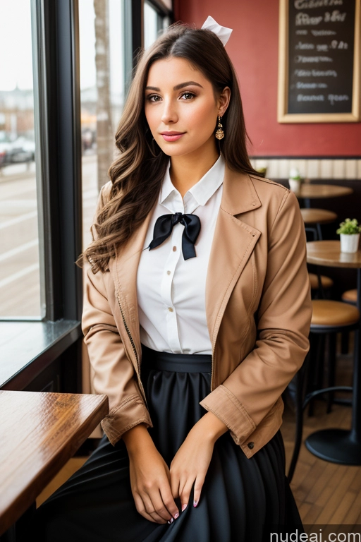 ai nude image of woman sitting in a restaurant with a black skirt and a tan jacket pics of Woman Cafe Jacket Long Skirt Jewelry Bows Tie 20s Brunette