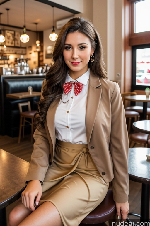 ai nude image of woman sitting on a stool in a restaurant wearing a tan suit and red bow tie pics of Woman Cafe Jacket Long Skirt Jewelry Bows Tie 20s Brunette