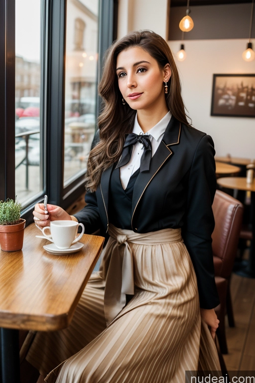 ai nude image of woman sitting at a table with a cup of coffee and a plant pics of Woman Cafe Jacket Long Skirt Jewelry Bows Tie 20s Brunette