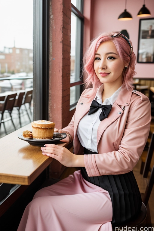 ai nude image of woman with pink hair sitting at a table with a plate of food pics of Woman Cafe Jacket Long Skirt Jewelry Bows Tie 20s Pink Hair