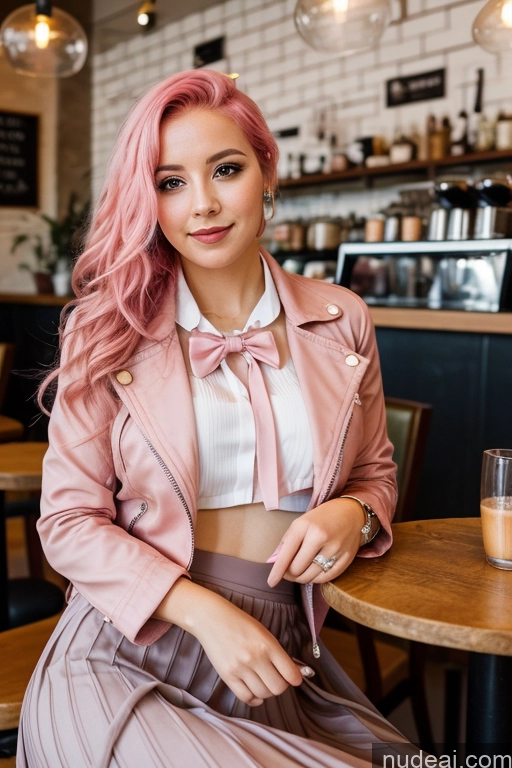 ai nude image of there is a woman sitting at a table with a glass of juice pics of Woman Cafe Jacket Long Skirt Jewelry Bows Tie 20s Pink Hair