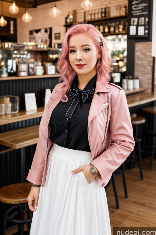 ai nude image of woman with pink hair and black shirt standing in a restaurant pics of Woman Cafe Jacket Long Skirt Jewelry Bows Tie 20s Pink Hair