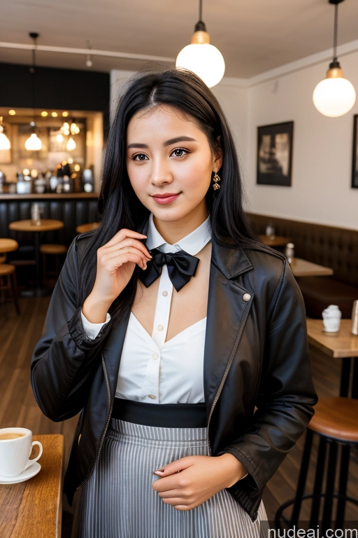 ai nude image of there is a woman standing in a restaurant with a cup of coffee pics of Woman Cafe Jacket Long Skirt Jewelry Bows Tie 20s Black Hair