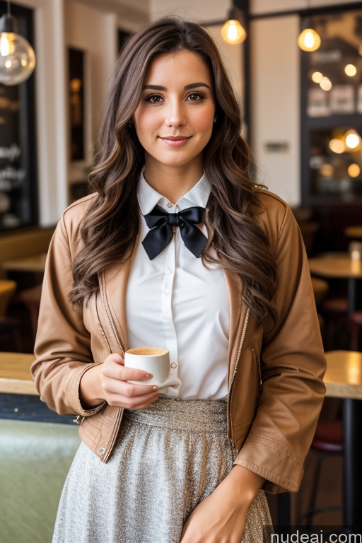 ai nude image of arafed woman in a brown jacket and a white shirt holding a cup pics of Woman Cafe Jacket Long Skirt Jewelry Bows Tie 20s Brunette