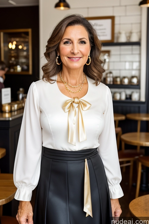 ai nude image of arafed woman in a white blouse and black skirt standing in a restaurant pics of Woman 60s Brunette Cafe Blouse Bows Jacket Long Skirt Tie Stylish Jewelry Diamond Jewelry Gold Jewelry Pearl Jewelry