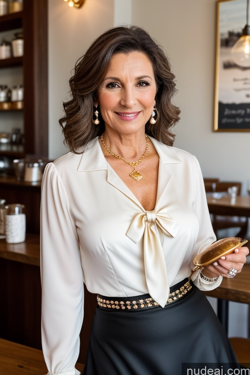 ai nude image of woman in white blouse and black skirt holding a sandwich in a restaurant pics of Woman 60s Brunette Cafe Blouse Bows Jacket Long Skirt Tie Stylish Jewelry Diamond Jewelry Gold Jewelry Pearl Jewelry