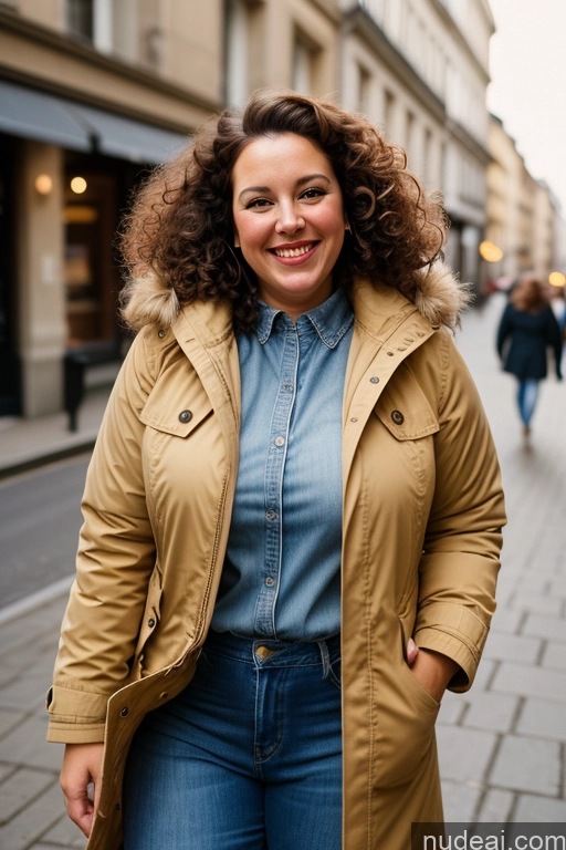 ai nude image of smiling woman in a tan coat and jeans standing on a sidewalk pics of Woman One Chubby 50s Happy Brunette Curly Hair French Film Photo Street Parka Jeans