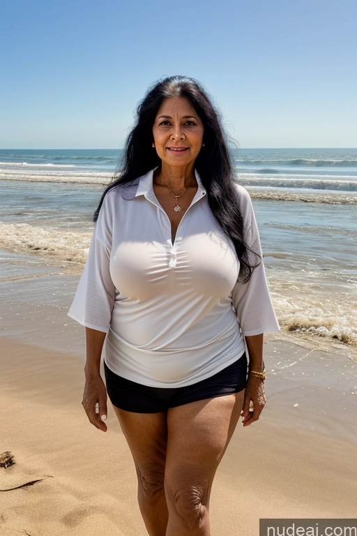 ai nude image of there is a woman standing on the beach with a white shirt pics of Milf One Busty Big Ass 70s Long Hair Indian Beach Black Hair Oversized Clothing T-Shirt