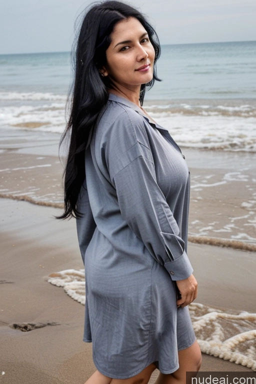 ai nude image of arafed woman standing on the beach in a gray dress pics of Milf One Busty Big Ass 70s Long Hair Indian Beach Black Hair Oversized Shirt