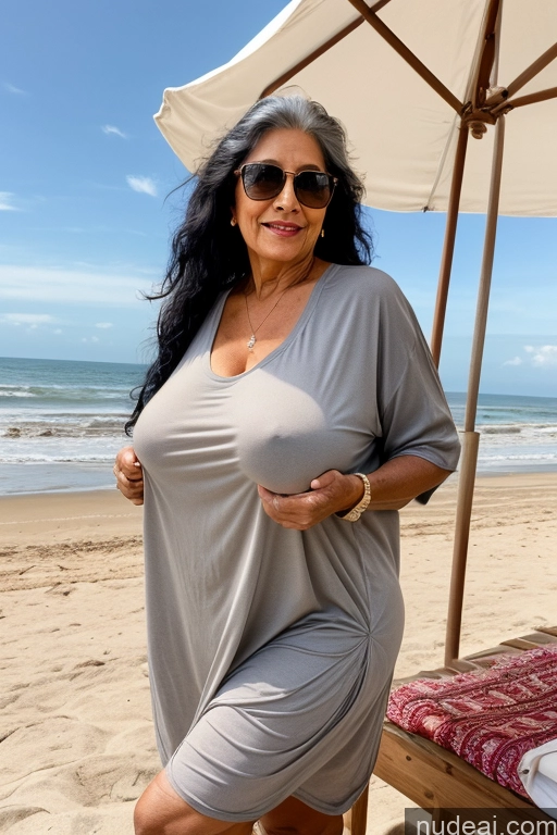 ai nude image of araffe woman in a gray dress and sunglasses on a beach pics of Milf One Busty Big Ass 70s Long Hair Indian Beach Black Hair Oversized Shirt