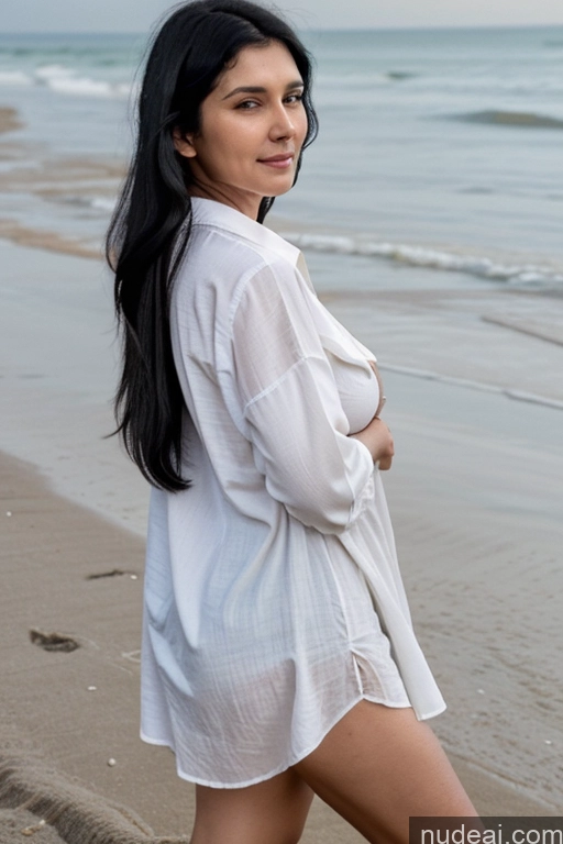 ai nude image of arafed woman in white shirt standing on beach next to ocean pics of Milf One Busty Big Ass 70s Long Hair Indian Beach Black Hair Oversized Shirt