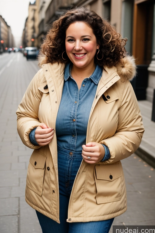 ai nude image of arafed woman in a tan jacket and blue shirt standing on a sidewalk pics of Woman One Chubby 50s Happy Brunette Curly Hair French Film Photo Street Parka Jeans