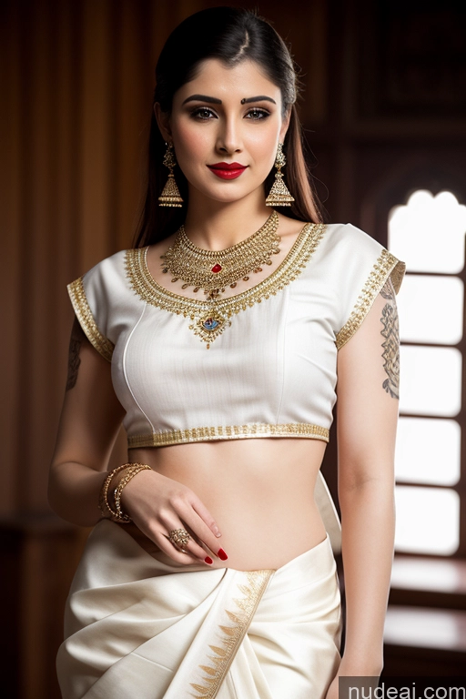 ai nude image of araffe woman in a white sari with gold jewelry and red lipstick pics of Tattoos Lipstick Indian Fairer Skin Blouse Sari