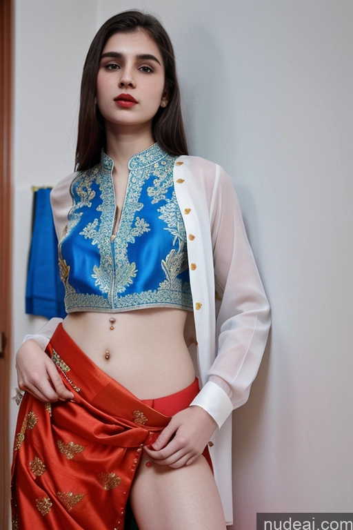 ai nude image of arafed woman in a blue and red outfit standing next to a wall pics of Tattoos Lipstick Indian Fairer Skin Blouse Sari