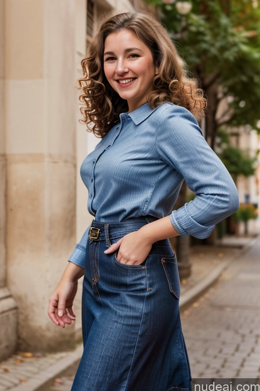 ai nude image of arafed woman in a blue shirt and a denim skirt pics of Woman One Chubby Happy Brunette Curly Hair French Film Photo Street Front View Long Skirt Jeans 60s