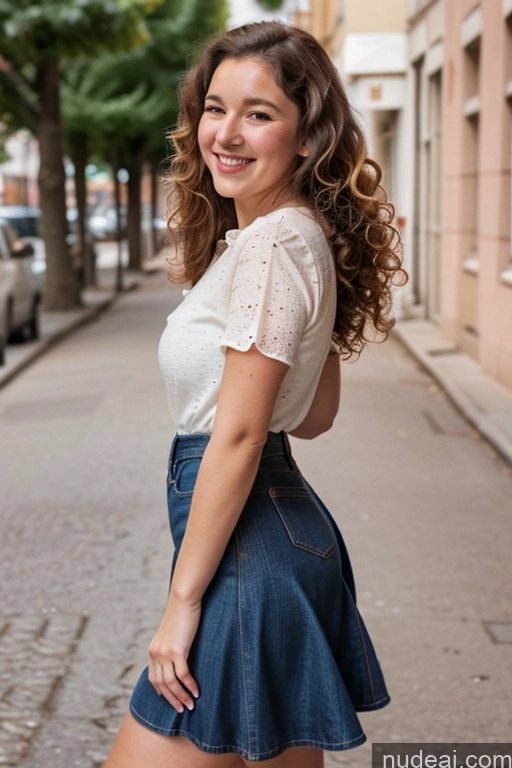 ai nude image of arafed woman in a white shirt and blue skirt standing on a sidewalk pics of Woman One Chubby Happy Brunette Curly Hair French Film Photo Street Front View Long Skirt Jeans 60s