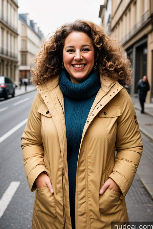 ai nude image of smiling woman in a tan coat standing on a city street pics of Woman One Chubby Happy Curly Hair French Film Photo Street Front View Parka Casual 60s