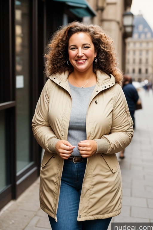 ai nude image of there is a woman walking down the street in a tan jacket pics of Woman One Chubby Happy Curly Hair French Film Photo Street Front View 60s Bomber Casual Parka