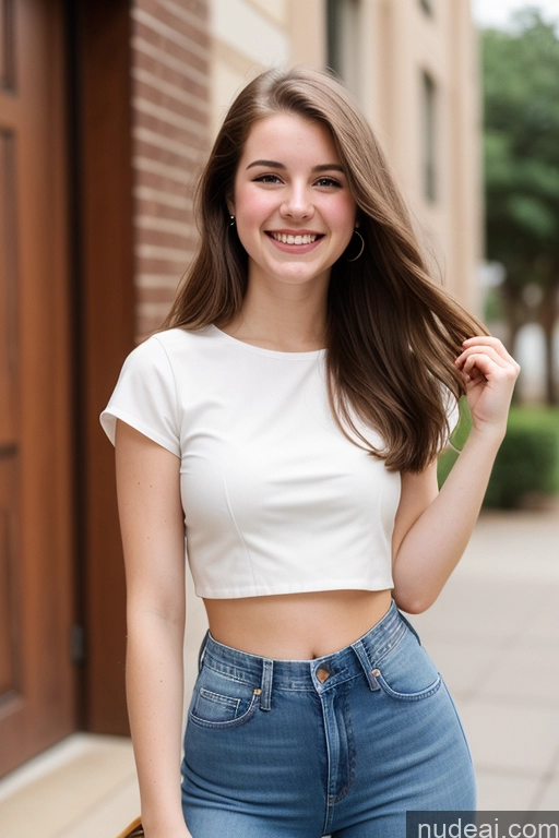 ai nude image of arafed woman in white top and jeans posing for a picture pics of Sorority One Fairer Skin 18 Happy Brunette Straight White Film Photo Front View Jeans Crop Top Blouse