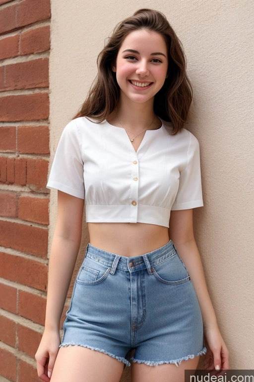 ai nude image of arafed woman in a white shirt and denim shorts leaning against a wall pics of Sorority One Fairer Skin 18 Happy Brunette Straight White Film Photo Front View Jeans Crop Top Blouse