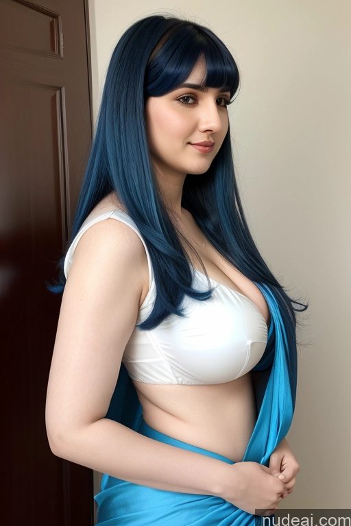 ai nude image of arafed woman with blue hair and a white top posing for a picture pics of Indian Fairer Skin Big Hips Bangs Blouse Sari Busty Side View Blue Hair